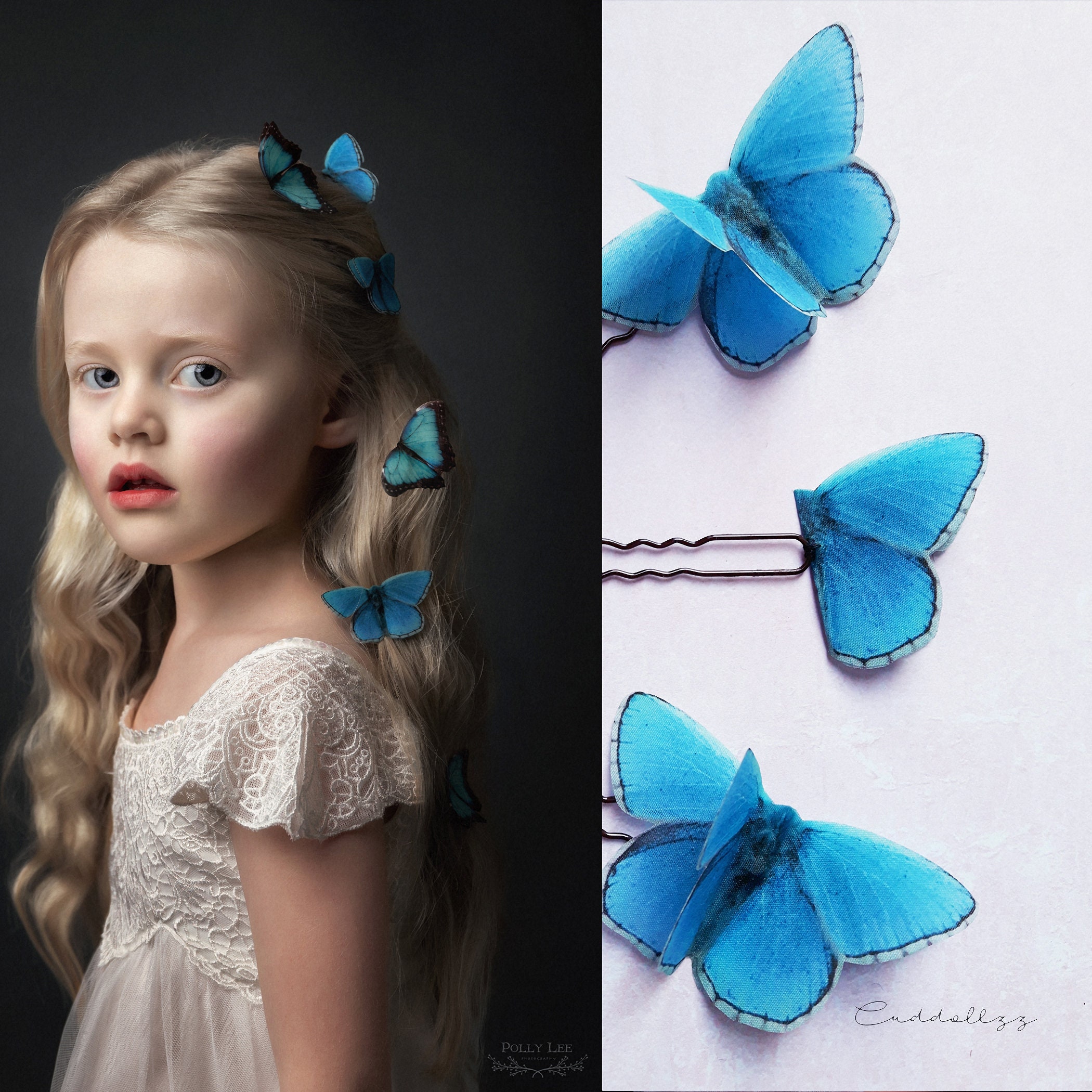 Stunning Blue Butterfly hair Clips. Beautiful Silk Butterfly Hair Pins. Set of 3.