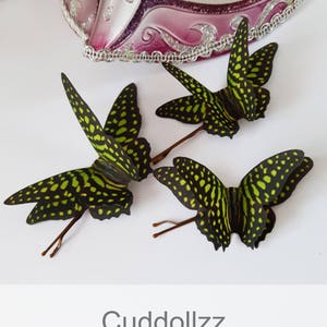 May include: Three green and black silk butterfly hair clips. The butterflies have a spotted pattern and are attached to bobby pins.