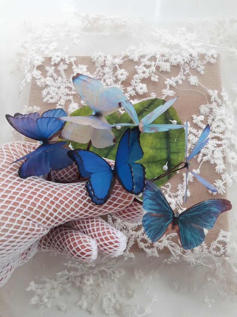 Butterfly Hair Pins with Swarovski Crystal. Set of 6 Blue Butterfly Hair slides. Perfect for Special Occasions or as a gift. Something Blue. image 4