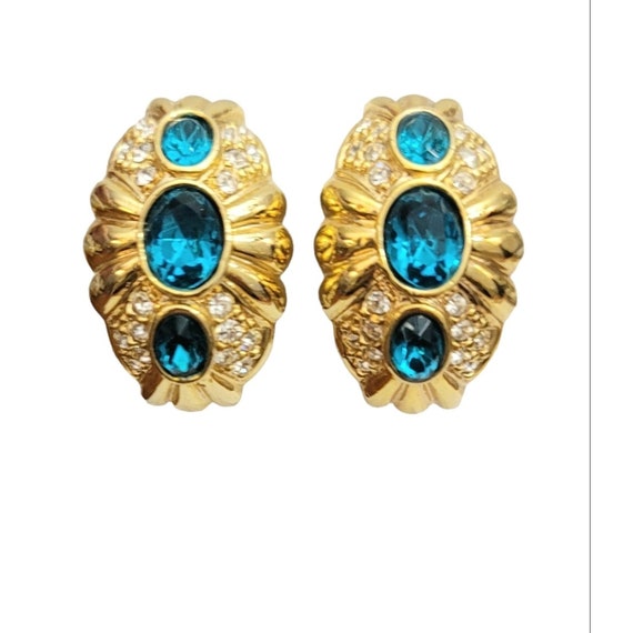 Gold Tone Teal Blue Clear Rhinestone Designer Style Clip-On Earrings, M252