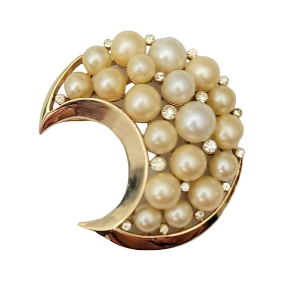 Trifari Crown Over T Faux Pearl Clear Rhinestone Crescent Moon Brooch Pin, Signed