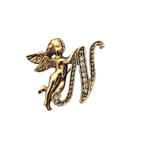 1928 Brand Cupid Holding Letter N Brooch Clear Rhinestone Pin J556