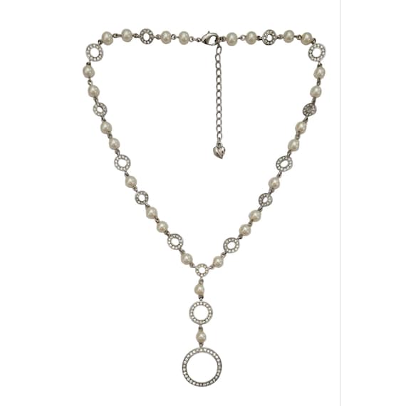 Carolee Silver Tone Clear Rhinestone Circle Stations Faux Pearl Chain Necklace, 17.5" Long K557