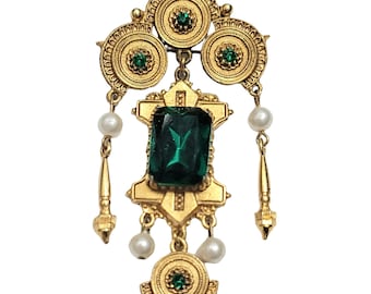 Florenza Gold Tone Green Rhinestone Faux Pearl Dangle Articulated Etruscan Brooch