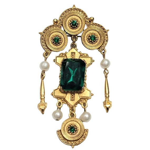 Florenza Gold Tone Green Rhinestone Faux Pearl Dangle Articulated Etruscan Brooch