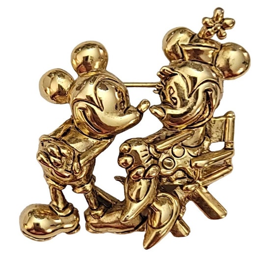 Disney Mickey Minnie Gold Tone Brooch Pin, Signed K687