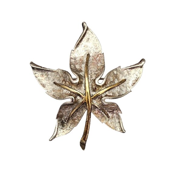 Oscar de la Renta Silver Tone Gold Tone Leaf Brooch Textured Pin Signed, J894