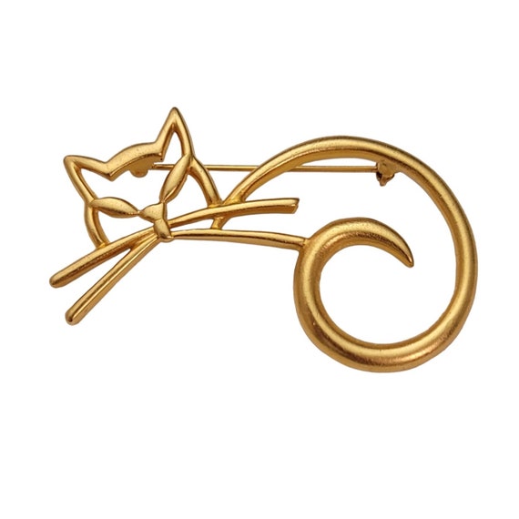 Matte Gold Tone Modernist Open Cat Brooch Pin E144