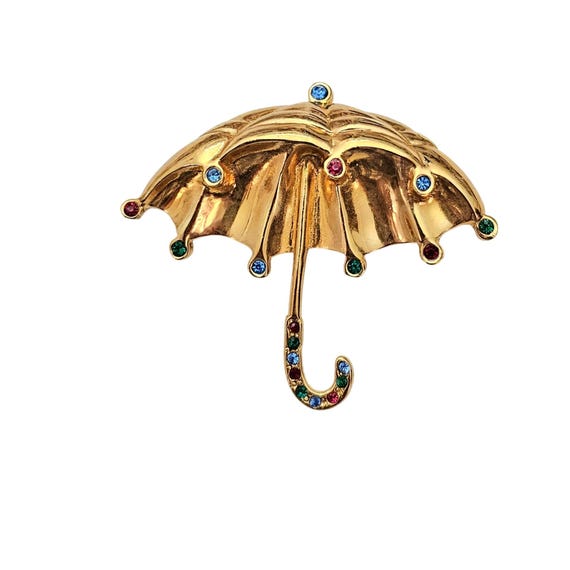 Gold Tone Umbrella Brooch Dimensional Multicolor Rhinestone Pin C758