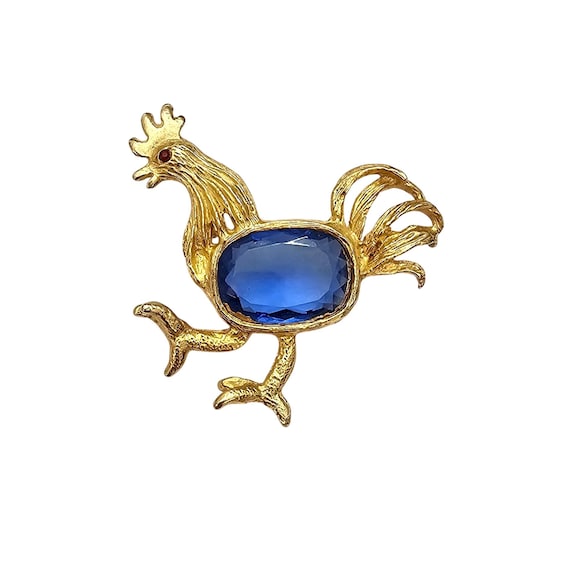 Blue Faceted Glass Rooster Brooch Red Eye Gold Tone Vintage Pin, C778