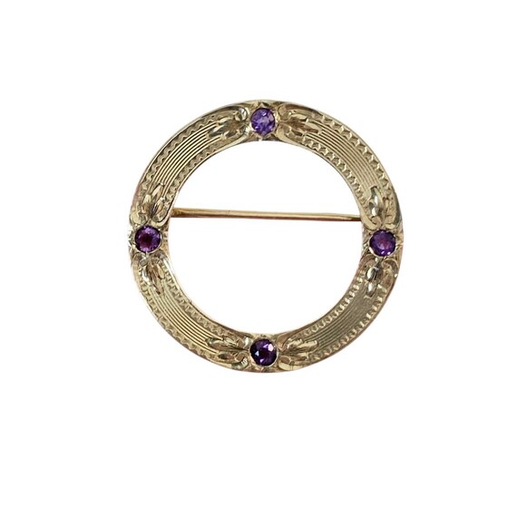 14K Yellow Gold Amethyst Open Round Brooch Textured Pin J108
