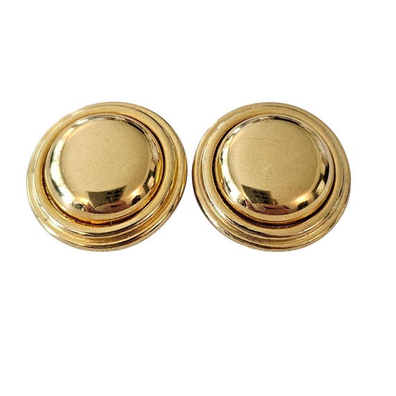 Liz Claiborne Gold Tone Round Button Clip On Earrings, Signed