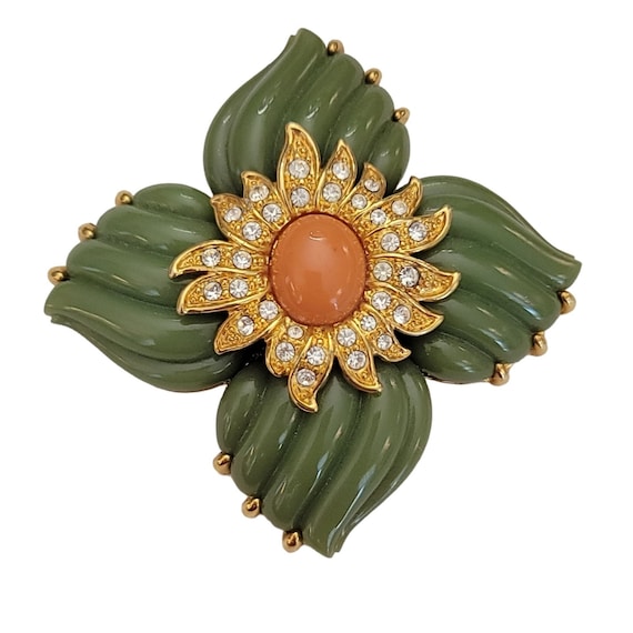 Joan Rivers Gold Tone Green Lucite Faux Coral Rhinestone Flower Brooch, Signed M743