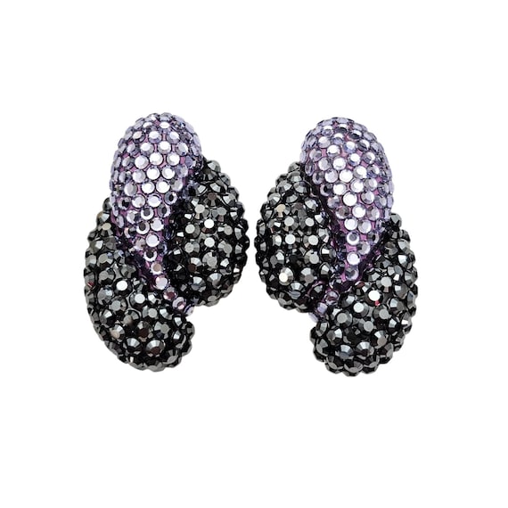 Purple, Charcoal Crystal Clip On Tear Rain Drop Chunky Earrings J590