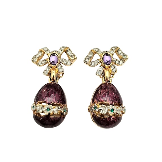 Gem Craft Russian Egg-Style Clip-On Guilloche Rhinestone Earrings Signed, J675