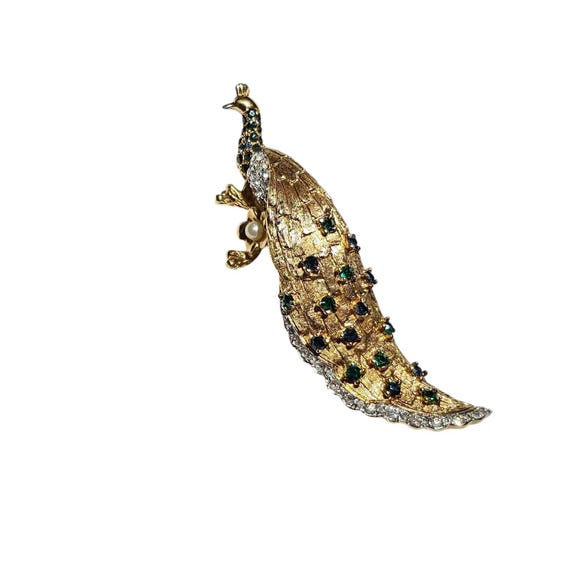 Jomaz Green Clear Rhinestone Peacock Brooch, Signed L808