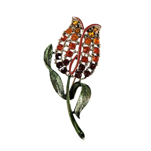 Autumn Color Rhinestone Tulip Flower Brooch Orange Red Pin