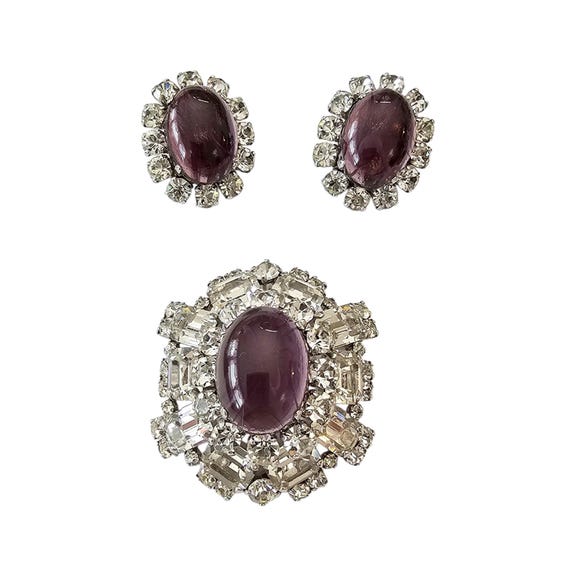 Christian Dior Oval Purple Flawed Glass Brooch, Clip On Earrings 1964 Set
