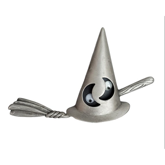 Tona Silver Tone Witch Hat Broom Googly Eyes Halloween Brooch Pin, Signed K421