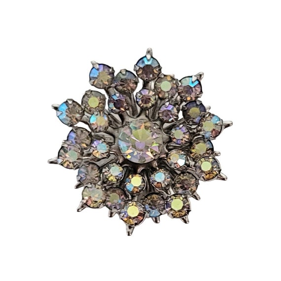Schurin Silver Tone Prong Set AB Rhinestone Star Snowflake Brooch Pendant, Signed  E992