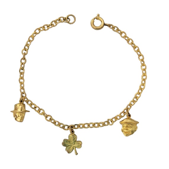 Gold Tone Irishman Clover Vintage Chain Bracelet, 6.75” Long E497