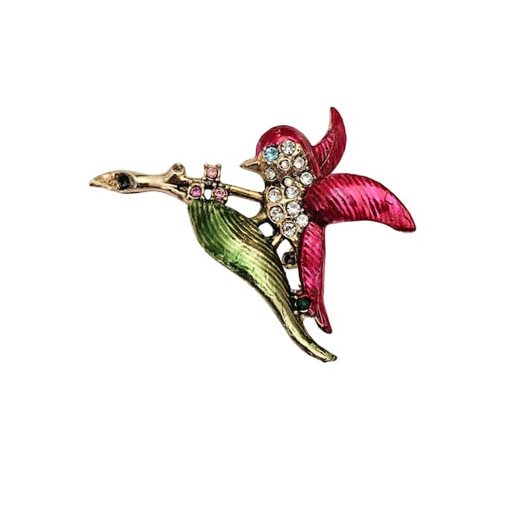 Red Bird Rhinestone Brooch Green Enamel Leaf, 1940-50's Pin J853