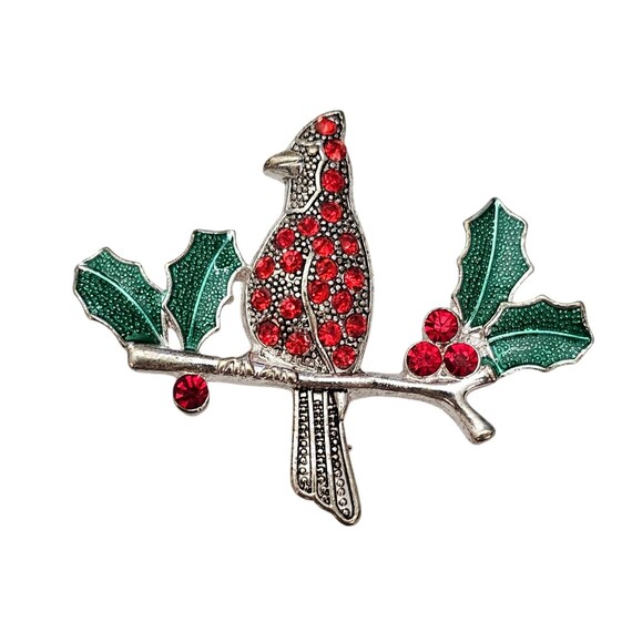 Cardinal, Holly Brooch, Red Rhinestone Green Leaf Enamel Pin L551