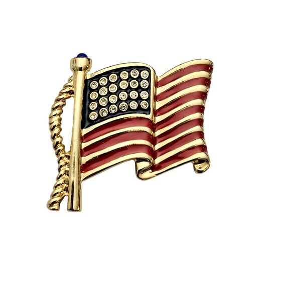Franklin Mint US Flag Brooch Red Enamel Clear, Blue Rhinestone Pin Signed J710