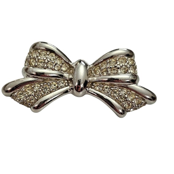 Christian Dior Silver Tone Clear Rhinestone Bow Brooch L870