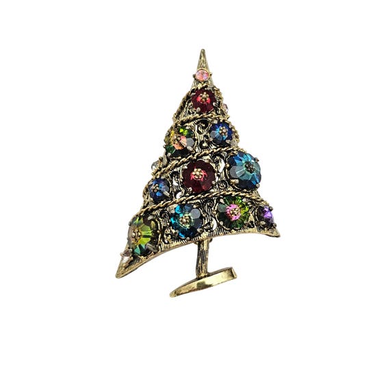 Weiss Sugar Plum Rivoli Christmas Tree Brooch, Signed