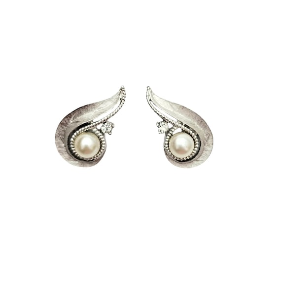 Trifari Clip On Faux Pearl Silver Tone Earrings Clear Rhinestone Signed, J611
