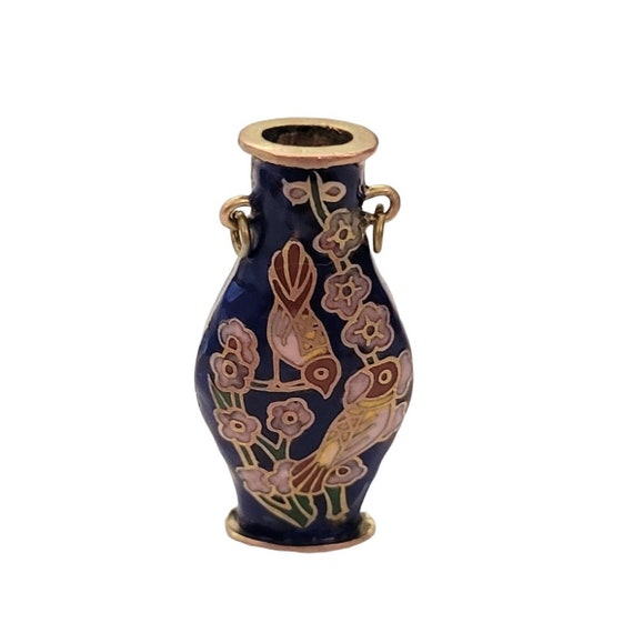 Vintage Blue Enamel Brass Vase, Birds Charm, Pendant E560