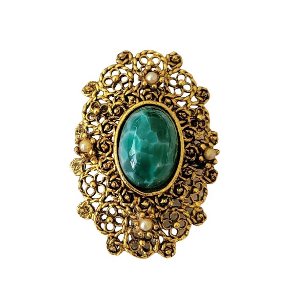 Gold Tone Vintage Oval Filigree Green Mottled Cab Faux Pearl Brooch E851