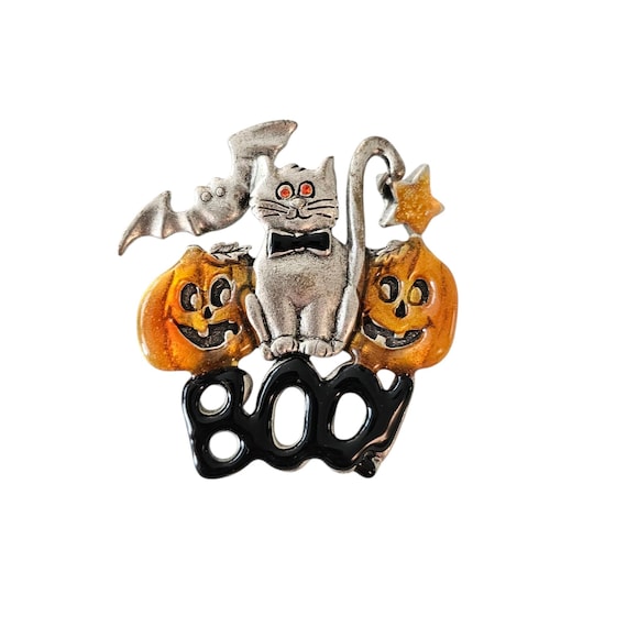 Boo Halloween Pumpkin Cat Brooch Rhinestone, Enamel Star Charm Pin
