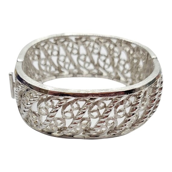 Vendome Silvertone Hinged Scroll Filigree, Tongue Clasp Bracelet