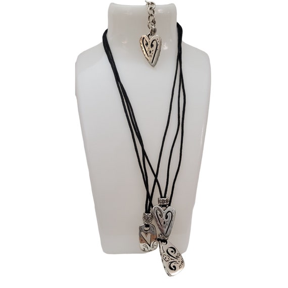 Brighton Silver Tone Triple Strand Hearts Pendants Black Cord Necklace, 18" Long K805