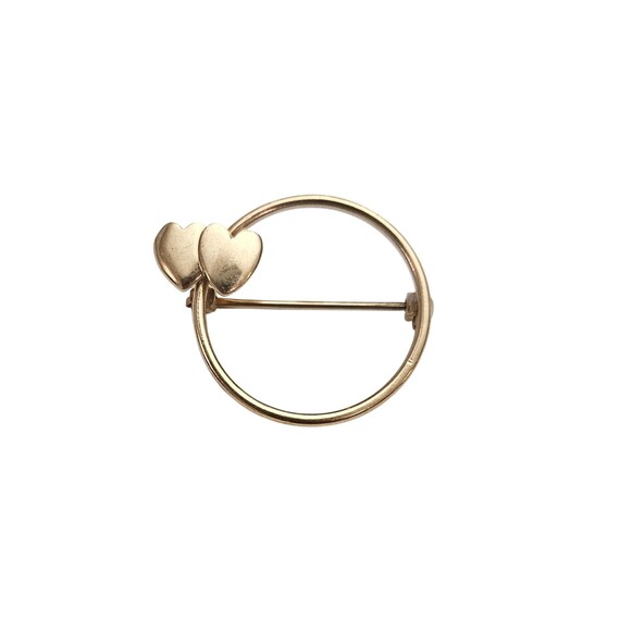 14K Yellow Gold Round Double Two Hearts Brooch Open Pin 2.2 Grams J810