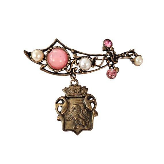 Vintage Sword Rhinestone Brooch Shield Griffith Dangle Pin