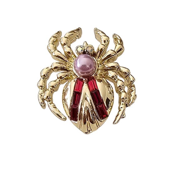 Spider Brooch Gold Tone Red Baguette Pearl Spider Pin