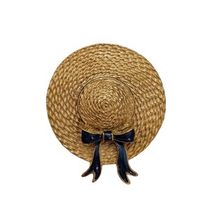Gold Tone Bonnet Museum Reproduction With Enamel Bow Straw Hat Brooch Pin E170