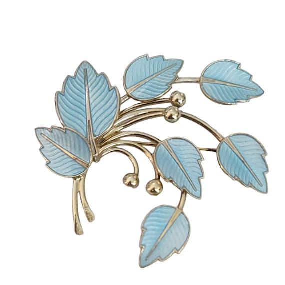 Jemax Sterling Denmark Baby Blue Guilloche Enamel Leaf Spray Brooch Pin, Signed K296