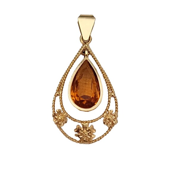 18K Yellow Gold Faceted Tear Drop Topaz Glass Dangle Flower Edge Pendant K852