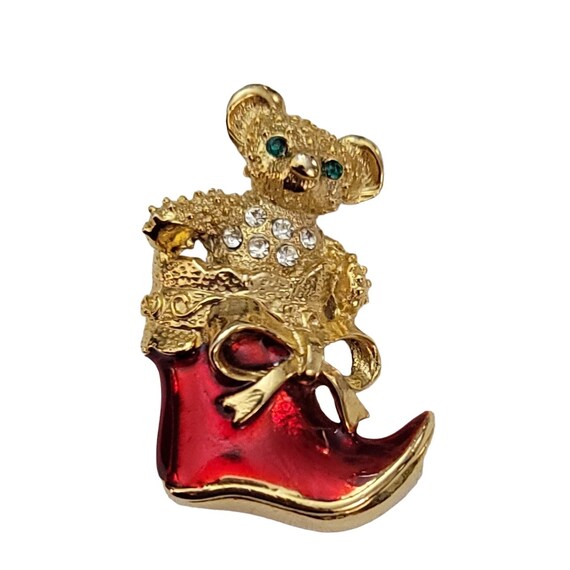 Avante Gold Tone Red Enamel Clear Rhinestone Bear In Christmas Stocking Pin Brooch, Signed K823