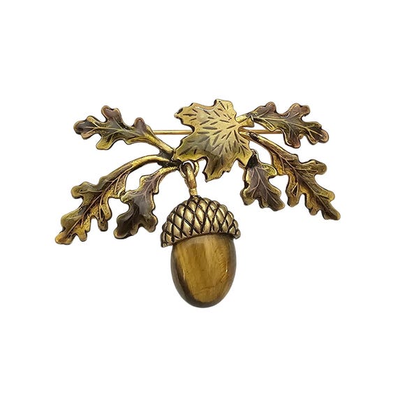 Acorn Leaf Brooch, Tiger Eye Enamel Charm Pin
