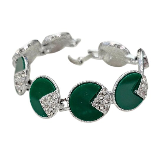 Silver Tone Clear Rhinestones Green Inlay Vintage 1940s-1950s Link Bracelet