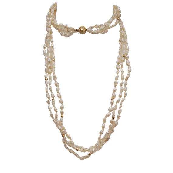14K Yellow Gold Tongue Clasp Triple Strand Rice Pearls & Gold Beads Necklace K894