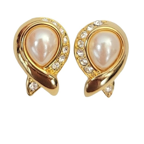 Nolan Miller Gold Tone Faux Pearl, Rhinestone Ribbon Clip On Earrings, Signed M200