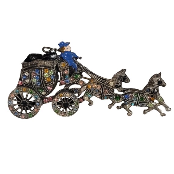Silver Tone Fruit Salad Rhinestone Horses Man Carriage Articulated Wheels Brooch Pin E35