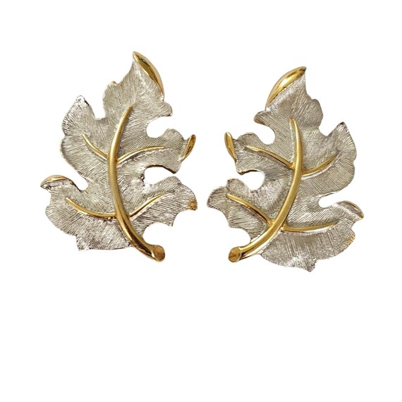 Judy Lee Silver Tone, Gold Tone Large Leaf Clip On Earrings, Signed L235