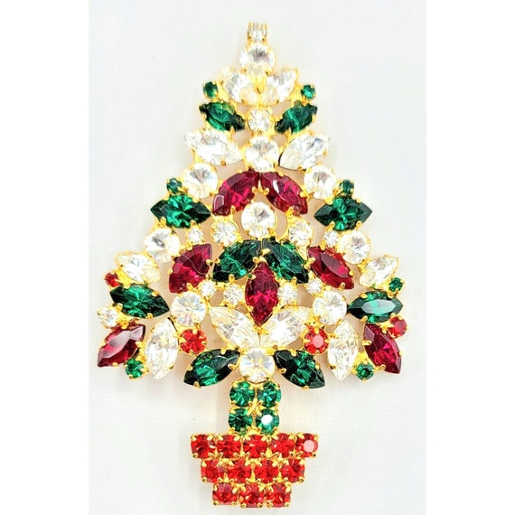 Goldtone Clear Red Green Prong Set Rhinestone Christmas Tree Brooch, 3"